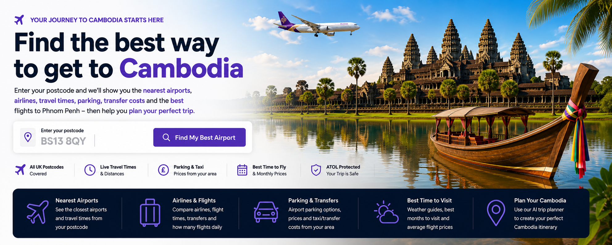 Traditional boat on water in front of Angkor Wat temple, Cambodia